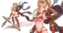 Rule 34 | 1girl, armor, bikini, blonde hair, blue eyes, breasts, choker, closed mouth, commentary request, full body, gauntlets, granblue fantasy, highres, holding, holding polearm, holding weapon, large breasts, long hair, looking at viewer, navel, polearm, red bikini, red choker, simple background, solo, standing, swimsuit, tekkai blade, twintails, weapon, white background, zeta (granblue fantasy)