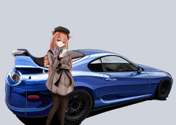 Rule 34 | 1girl, 3books, absurdres, beret, black hat, black pantyhose, brown coat, brown eyes, car, cellphone, coat, gradient hair, hair flaps, hat, heterochromia, highres, holding, holding phone, kantai collection, light brown hair, long hair, long sleeves, motor vehicle, multicolored hair, murasame (kancolle), murasame kai ni (kancolle), pantyhose, phone, red eyes, smartphone, solo, sports car, standing, toyota, toyota supra, toyota supra mk iv, vehicle focus