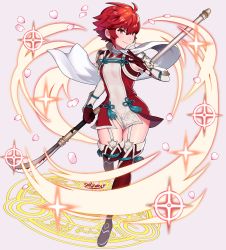 Rule 34 | 1girl, absurdres, artist name, bare shoulders, boots, dress, fire emblem, fire emblem fates, gloves, highres, hinoka (fire emblem), holding naginata, looking at viewer, naginata, nintendo, pegasus knight uniform (fire emblem), petals, polearm, red eyes, red hair, red thighhighs, sarukaiwolf, short dress, short hair, silver background, simple background, sleeveless, sleeveless dress, smile, solo, star (symbol), thigh boots, thighhighs, weapon, zettai ryouiki