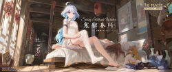 Rule 34 | 2girls, barefoot, bed, blue eyes, blue hair, boo tao (genshin impact), brown hair, china dress, chinese clothes, chinese text, dress, feet, furina (genshin impact), genshin impact, guoba (genshin impact), hair between eyes, hat, heterochromia, highres, hu tao (genshin impact), long hair, looking at viewer, multicolored hair, multiple girls, pillow, shorts, single thighhigh, streaked hair, thighhighs, toes, wboss, white hair, white shorts