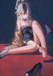 Rule 34 | 1girl, absurdres, bare legs, bare shoulders, barefoot, betabeet, black choker, black dress, black hair, black nails, blue archive, blush, breasts, choker, closed mouth, dress, fallen down, feet, grey hair, hair between eyes, high heels, highres, horns, jacket, jewelry, kayoko (blue archive), kayoko (dress) (blue archive), legs, long hair, long sleeves, looking at viewer, multicolored hair, nail polish, off shoulder, on floor, red eyes, shoes, sitting, small breasts, solo, strap slip, streaked hair, toenail polish, toenails, toes, tripping, two-tone hair, very long hair, wings