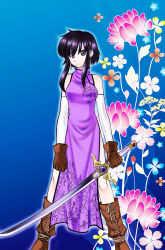 Rule 34 | 74, boots, china dress, chinese clothes, detached sleeves, dress, earrings, fire emblem, fire emblem: genealogy of the holy war, floral print, flower, gloves, jewelry, larcei (fire emblem), nintendo, purple eyes, purple hair, short hair, side slit, solo, sword, weapon