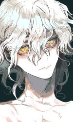 Rule 34 | 1boy, black background, closed mouth, collarbone, colored sclera, edmond dantes (fate), fate (series), hair between eyes, kaifei (kaifei 29), male focus, pink sclera, portrait, simple background, solo, upper body, white hair, yellow eyes