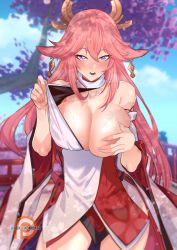 Rule 34 | 1girl, animal ears, bare shoulders, breasts, cherry blossoms, detached sleeves, floppy ears, fox ears, genshin impact, hair between eyes, japanese clothes, kukumomo, large breasts, long hair, looking at viewer, nipples, nontraditional miko, open mouth, outdoors, patreon logo, patreon username, pink hair, purple eyes, solo, white sleeves, wide sleeves, yae miko