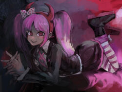 Rule 34 | 1girl, badge, black background, black footwear, black jacket, black skirt, blush, bow, child, closed mouth, collared shirt, danganronpa (series), danganronpa another episode: ultra despair girls, eyebrows, fake horns, feet up, female focus, fingernails, full body, hair bow, hairband, headband, horned headwear, horns, jacket, long hair, looking at viewer, lying, matching hair/eyes, multicolored bow, multicolored clothes, multicolored footwear, multicolored skirt, multicolored thighhighs, nail polish, neck ribbon, on stomach, parted bangs, pink background, pink bow, pink eyes, pink footwear, pink hair, pink hairband, pink head, pink headband, pink horns, pink nails, pink ribbon, pink skirt, pink stripes, pink trim, polka dot, polka dot bow, red background, ribbon, shirt, simple background, skirt, smile, solo, solo focus, striped clothes, striped thighhighs, the pose, thighhighs, twintails, utsugi kotoko, white bow, white shirt, white stripes