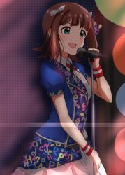 Rule 34 | 1girl, :d, amami haruka, blue shirt, blush, bow, brown hair, dark, dars (recolors), green eyes, hair bow, idolmaster, idolmaster (classic), microphone stand, music, open mouth, pleated skirt, shirt, short hair, short sleeves, singing, skirt, smile, solo, standing, sweatdrop, white bow, white skirt, wristband