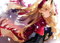 Rule 34 | 1girl, absurdres, black dress, black headwear, blonde hair, cape, closed mouth, commentary, dress, earrings, ereshkigal (fate), fate/grand order, fate (series), hair ribbon, highres, infinity symbol, jewelry, light particles, long hair, long sleeves, looking at viewer, motion blur, parted bangs, pomu (pomu me), print cape, purple ribbon, red cape, red eyes, ribbon, smile, solo, standing, tiara, two-sided cape, two-sided fabric, two side up, white background, wind
