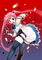 Rule 34 | 1girl, ass, bana, bra, bullet hole, cameltoe, dual wielding, fang, gun, hidan no aria, holding, holster, horns, kanzaki h. aria, leaning, leaning forward, long hair, looking at viewer, open mouth, panties, pink hair, red eyes, school uniform, shell casing, shiny skin, skirt, smile, solo, thigh strap, thighhighs, twintails, underwear, upskirt, very long hair, weapon