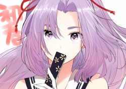 Rule 34 | 1girl, character name, covering own mouth, folding fan, forehead, gloves, hand fan, hatsuharu (kancolle), highres, hikimayu, jpeg artifacts, kantai collection, long hair, morinaga miki, portrait, purple eyes, purple hair, solo, white gloves