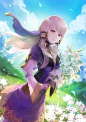 Rule 34 | 1girl, blush, bouquet, day, dress, fire emblem, fire emblem: three houses, flower, highres, kokouno oyazi, long hair, long sleeves, looking at viewer, lysithea von ordelia, nintendo, outdoors, pink eyes, purple eyes, simple background, smile, solo, uniform, white hair