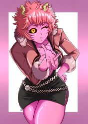 Rule 34 | 1girl, :o, ashido mina, black sclera, blowing kiss, boku no hero academia, breasts, cleavage, colored sclera, cosplay, crossed legs, fur trim, highres, horns, jacket, kmkz-art, large breasts, looking at viewer, one eye closed, open mouth, pink hair, pink jacket, pink lips, shermie (kof), shermie (kof) (cosplay), short hair, solo, the king of fighters, the king of fighters xv, thick thighs, thighs, yellow eyes