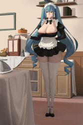 Rule 34 | 1girl, absurdres, alternate costume, apron, arm behind back, black bow, black bowtie, black dress, blue hair, bow, bowtie, breasts, cleavage, detached sleeves, dress, drill hair, goddess of victory: nikke, highres, holding, holding plate, huge breasts, juliet sleeves, long hair, long sleeves, maid, maid headdress, plate, pleated dress, privaty (nikke), puffy sleeves, skindentation, solo, standing, thighhighs, twin drills, twintails, twoteeth, very long hair, white thighhighs, yellow eyes