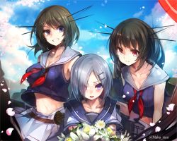 Rule 34 | 10s, 3girls, bad id, bad pixiv id, black hair, blue eyes, blush, bouquet, breasts, choukai (kancolle), cis (carcharias), cleavage, crop top, crop top overhang, flower, glasses, grin, hair ornament, hair over one eye, hairclip, hamakaze (kancolle), headgear, kantai collection, large breasts, long hair, looking at viewer, maya (kancolle), md5 mismatch, midriff, multiple girls, navel, open mouth, personification, red eyes, revision, school uniform, serafuku, short hair, silver hair, skirt, smile