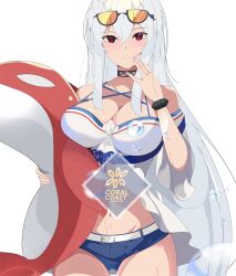 Rule 34 | 1girl, arknights, bare shoulders, belt, black choker, blue shorts, blue trim, breasts, choker, cleavage, collarbone, cowboy shot, edelritter, english text, eyewear on head, halterneck, highres, inflatable orca, inflatable toy, large breasts, long hair, looking at viewer, midriff, navel, red eyes, shorts, sidelocks, simple background, skadi (arknights), skadi (waverider) (arknights), solo, stomach, sunglasses, tinted eyewear, unfinished, very long hair, wet, wet clothes, wet hair, white background, white belt, white hair, wristlet