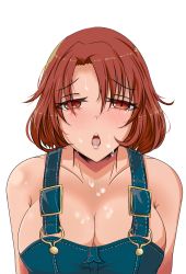 Rule 34 | 10s, 1girl, apron, bare shoulders, blue overalls, blush, breasts, cleavage, cow girl (goblin slayer!), goblin slayer!, half-closed eyes, highres, large breasts, looking at viewer, naked apron, naked overalls, naughty face, open mouth, overalls, red eyes, red hair, short hair, solo, sweat, tongue, upper body