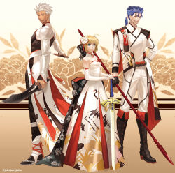 Rule 34 | 1girl, 2boys, alternate costume, archer (fate), artoria pendragon (all), artoria pendragon (fate), black bow, black footwear, black gloves, black pants, blonde hair, blue eyes, blue hair, boots, bow, braid, closed mouth, coat, cu chulainn (fate), cu chulainn (fate/stay night), detached collar, dress, dual wielding, earrings, elbow gloves, excalibur (fate/stay night), fate/stay night, fate (series), floral background, floral print, flower, french braid, full body, gae bolg (fate), gloves, grey eyes, hair bow, hair flower, hair ornament, hand on own hip, highres, holding, holding polearm, holding spear, holding sword, holding weapon, huge bow, jakojakojako, jewelry, kanshou &amp; bakuya (fate), knee boots, long dress, long hair, looking at viewer, manly, multiple boys, one eye closed, pants, polearm, ponytail, print bow, print dress, red eyes, saber (fate), short hair, smile, spear, standing, strapless, strapless dress, sword, twitter username, weapon, white dress, white gloves, white hair, white pants