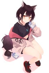 Rule 34 | 1girl, absurdres, animal ear fluff, animal ears, black footwear, black hair, black shirt, black shorts, black socks, blush, brown eyes, brown jacket, closed mouth, commentary request, crop top, english text, eyebrows hidden by hair, fingernails, fox ears, hair between eyes, hand up, highres, holding, jacket, long sleeves, looking at viewer, midriff, mirrored text, mizu (lzzrwi603), navel, off shoulder, open clothes, open jacket, original, puffy long sleeves, puffy sleeves, shirt, shoes, short shorts, shorts, sitting, sleeves past wrists, smile, socks, solo, tail, white background