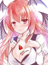Rule 34 | 1girl, black bra, black vest, blush, bra, collarbone, commentary request, demon wings, food, fruit, hair between eyes, hands on own chest, happy birthday, head wings, juliet sleeves, koakuma, long hair, long sleeves, looking at viewer, natsuki (ukiwakudasai), puffy sleeves, red eyes, red hair, shirt, simple background, sketch, smile, solo, strawberry, touhou, underwear, upper body, vest, whipped cream, white background, white shirt, wing collar, wings
