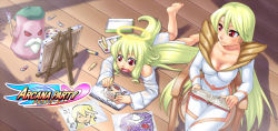 Rule 34 | 2girls, angelia avallone, aq interactive, arcana heart, arcana heart 2, atlus, barefoot, blonde hair, book, breasts, crayon, drawing, dress shirt, examu, feet, fiona mayfield, halo, long hair, malin (arcana heart), mildred avallone, misao (kami no misoshiru), multiple girls, open mouth, paint, paintbrush, painting (action), red eyes, shirt, siblings, sisters, smile, very long hair