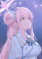 Rule 34 | 1girl, absurdres, blue archive, breasts, capelet, cho gum, closed mouth, dress, flower, hair bun, hair flower, hair ornament, halo, highres, long hair, medium breasts, mika (blue archive), pink hair, pink halo, purple flower, single side bun, solo, upper body, white capelet, white dress, yellow eyes