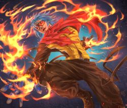 Rule 34 | blue hair, cape, fighting game, fire, gloves, highres, jacket, k9999, krohnen, long sleeves, male focus, pyrokinesis, red cape, simple background, snk, solo, the king of fighters, the king of fighters xv