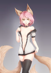 Rule 34 | 1girl, animal ears, black thighhighs, breasts, coat, collar, flat chest, fox ears, fox tail, highres, hood, hoodie, looking at viewer, multiple tails, naked coat, naked hoodie, nia (arceonn), nipple slip, nipples, off shoulder, original, pink hair, ricegnat, short hair, small breasts, solo, tail, thighhighs, tongue, tongue out, two tails, yellow eyes