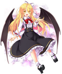 Rule 34 | 1girl, :d, aka tawashi, black footwear, black skirt, blonde hair, blush, bow, bowtie, center frills, commentary request, demon wings, dress, fang, frilled shirt collar, frilled sleeves, frills, full body, hair between eyes, hair bow, hand up, high heels, highres, kurumi (touhou), legs, long hair, long sleeves, looking at viewer, mary janes, open mouth, petticoat, platform footwear, red bow, red bowtie, red ribbon, ribbon, shoe soles, shoes, skirt, smile, socks, solo, suspender skirt, suspenders, tooth, touhou, touhou (pc-98), vampire, white background, white bow, white socks, wings, yellow eyes