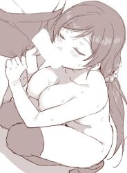 Rule 34 | 1boy, 1girl, blush, boxers, breasts, censored, clenched hands, collarbone, duke (inu daimyou), closed eyes, fellatio, greyscale, hair ornament, hair scrunchie, hand on another&#039;s leg, hetero, large breasts, long hair, love live!, love live! school idol project, male underwear, monochrome, nipples, nude, oral, penis, scrunchie, squatting, sweat, thighhighs, tojo nozomi, twintails, underwear