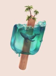 Rule 34 | artist name, commentary, food, food focus, hammock, highres, humpback whale, no humans, original, palm tree, popsicle, popsicle stick, signature, simple background, tree, tyler amato, water, whale