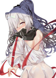 Rule 34 | 1girl, animal ear fluff, animal ears, arknights, bare shoulders, black scarf, blush, cat ears, commentary request, from behind, grey eyes, highres, jacket, long hair, looking at viewer, looking back, nose blush, off shoulder, partial commentary, recyan, scarf, schwarz (arknights), silver hair, simple background, solo, upper body, white background, white jacket