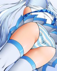 Rule 34 | 1girl, ass, bare shoulders, blue hair, commentary, cover, dr rex, facing away, fake cover, hair ornament, hatsune miku, long hair, panties, pleated skirt, shirt, skirt, sleeveless, sleeveless shirt, solo, striped clothes, striped panties, thighhighs, translation request, twintails, underwear, very long hair, vocaloid, white shirt, white skirt, white thighhighs, yuki miku