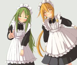 Rule 34 | 2girls, alternate costume, apron, black dress, blonde hair, blush, closed mouth, crescent, crescent hair ornament, crescent pin, dress, enmaided, frilled apron, frills, green eyes, green hair, grey background, hair between eyes, hair ornament, highres, jewelry, kantai collection, leaning forward, long hair, long sleeves, looking at viewer, low twintails, lternate costume, maid, maid apron, maid headdress, multiple girls, nagatsuki (kancolle), po0000000000, ring, satsuki (kancolle), simple background, smile, twintails, v, wedding ring, white apron, yellow eyes