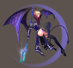 Rule 34 | 1girl, anima, blonde hair, demon girl, gloves, multicolored hair, pointy ears, solo, tail, thighhighs, two-tone hair, weapon, wen-m, wings
