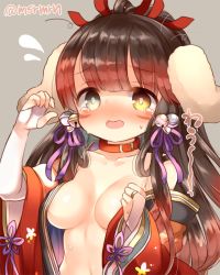 Rule 34 | 1girl, animal ears, areola slip, bad id, bad pixiv id, bell, black hair, blush, bridal gauntlets, collar, collarbone, dog ears, embarrassed, facial mark, fake animal ears, green eyes, hair bell, hair ornament, hair ribbon, hairband, heterochromia, japanese clothes, jingle bell, kimono, long hair, mashiro miru, multicolored hair, nose blush, off shoulder, open clothes, open kimono, puzzle &amp; dragons, red hair, ribbon, solo, sweat, tears, tsubaki (p&amp;d), twitter username, two-tone hair, wide sleeves, yellow eyes