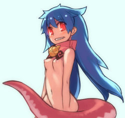 Rule 34 | 1girl, bad id, bad pixiv id, blue eyes, breasts, dragon tail, grin, hogeroro, long hair, monster girl, nipples, nude, original, perky breasts, red eyes, rumie, small breasts, smile, solo, tail, tiona