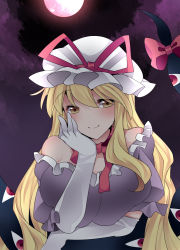 Rule 34 | 1girl, bad id, bad pixiv id, bare shoulders, blonde hair, blush, breast hold, breasts squeezed together, breasts, head rest, dark, dress, elbow gloves, full moon, gap (touhou), gloves, hammer (sunset beach), hand on own cheek, hand on own face, hat, hat ribbon, huge breasts, long hair, looking at viewer, mob cap, moon, naughty face, purple dress, ribbon, smile, solo, touhou, upper body, very long hair, white gloves, yakumo yukari, yellow eyes