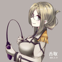 Rule 34 | 10s, 1girl, breasts, brown hair, buttons, character name, colis (regunm772), collared shirt, dated, double-breasted, eggplant, epaulettes, folded ponytail, glasses, green eyes, jacket, kantai collection, katori (kancolle), looking at viewer, necktie, parted bangs, riding crop, shirt, simple background, smile, solo, upper body