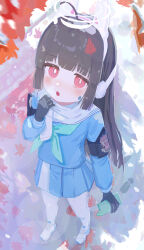 1girl absurdres ahoge animal_ears black_gloves black_hair blue_archive blue_serafuku earmuffs fake_animal_ears from_above gloves green_neckerchief grey_scarf halo highres leaf leaf_on_head miyu_(blue_archive) neckerchief nyune open_mouth outdoors pantyhose rabbit_ears red_eyes scarf school_uniform serafuku solo white_halo white_pantyhose