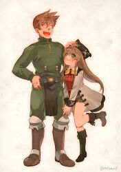 Rule 34 | 1boy, 1girl, armor, boots, brown hair, cross-laced footwear, el mofus (brown hair female), family, father and daughter, goggles, goggles around neck, hand on another&#039;s head, hand on own hip, hat, hayasaka, height difference, lace-up boots, looking at another, rance, rance (series), rance 10, sharp teeth, short shorts, shorts, simple background, smile, teeth, twitter username