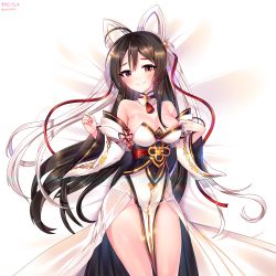 Rule 34 | 1girl, animal ears, ara haan, areola slip, bare shoulders, black hair, blush, breasts, cleavage, closed mouth, cowboy shot, detached collar, detached sleeves, elsword, fake animal ears, heterochromia, highres, large breasts, long hair, looking at viewer, lying, multicolored hair, no panties, on back, red eyes, shakti (elsword), shiny skin, shakti (elsword), smile, solo, tassel, two-tone hair, xes (xes 5377), yellow eyes