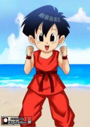 Rule 34 | 1girl, artist logo, artist name, beach, black hair, blunt bangs, blush, blush stickers, child, clenched hands, closed mouth, cloud, cloudy sky, dougi, dragon ball, dragon ball super, dragon ball super super hero, espiralsix, feet out of frame, female focus, gluteal fold, grey eyes, highres, horizon, legs apart, navel, open mouth, outdoors, pan (dragon ball), patreon username, sand, shore, short hair, sky, smile, solo, standing, straight-on, striped, water, wristband