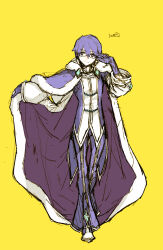 Rule 34 | 1boy, adjusting eyewear, alternate color, cape, cape hold, closed mouth, commentary request, crossed legs, full body, fur-trimmed cape, fur trim, glasses, gloves, gold trim, hair between eyes, highres, kusabi (aighe), long bangs, looking at viewer, male focus, official alternate costume, pants, purple cape, purple gloves, purple pants, purple shirt, ragnarok online, shirt, short hair, simple background, smile, solo, two-tone shirt, warlock (ragnarok online), watson cross, white shirt, yellow background