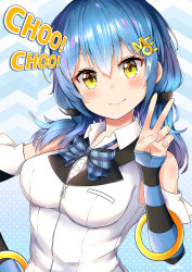Rule 34 | 1girl, blue bow, blue hair, blush, bow, breasts, closed mouth, collared shirt, commentary request, detached sleeves, dress, fingernails, hair between eyes, hair ornament, hairclip, head tilt, jacket, long hair, long sleeves, looking at viewer, medium breasts, natsumi moe, natsumi moe (character), plaid, plaid bow, polka dot, polka dot background, shirt, signature, sleeveless, sleeveless jacket, sleeves past wrists, smile, solo, striped sleeves, sylphine, upper body, v, virtual youtuber, white jacket, white shirt, yellow eyes