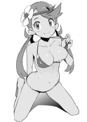 Rule 34 | 1girl, bikini, blush, breasts, cleavage, creatures (company), dark-skinned female, dark skin, flower, full body, game freak, greyscale, hair flower, hair ornament, halterneck, kneeling, long hair, looking at viewer, mallow (pokemon), medium breasts, monochrome, navel, nintendo, pokemon, pokemon sm, pulling own clothes, simple background, smile, solo, strap pull, swimsuit, tamagoroo, twintails, white background