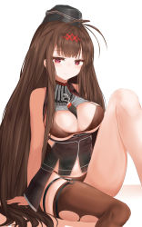 Rule 34 | 1girl, absurdres, antenna hair, arm at side, arm support, bare arms, bare shoulders, between breasts, blunt bangs, blush, bra, braid, breasts, brown bra, brown hair, brown panties, cleavage cutout, clothing cutout, corset, dsr-50 (girls&#039; frontline), eyes visible through hair, garrison cap, girls&#039; frontline, gloves, hair ornament, hair over shoulder, hat, highres, knee up, large breasts, long hair, looking at viewer, midriff, navel, necktie, necktie between breasts, o-ring, panties, red eyes, ru zhai, shiny skin, shirt, sidelocks, simple background, single thighhigh, sleeveless, sleeveless shirt, smile, solo, stomach, symbol-shaped pupils, thigh strap, thighhighs, thighs, torn clothes, torn thighhighs, underwear, very long hair