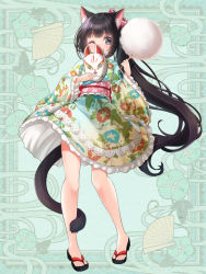 Rule 34 | 1girl, ;), animal ear fluff, animal ears, black footwear, black hair, blush, bow, cat ears, cat girl, cat tail, character request, closed mouth, cotton candy, floral print, food, fox mask, frilled kimono, frills, full body, grey eyes, hair bow, holding, holding food, holding mask, japanese clothes, kerberos blade, kimono, long hair, long sleeves, mask, mirai (happy-floral), obi, official art, one eye closed, ponytail, print kimono, red bow, sandals, sash, smile, solo, standing, tail, unworn mask, very long hair, wide sleeves, yukata, zouri