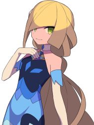 Rule 34 | 1girl, alternate color, bare shoulders, blonde hair, blue dress, choker, closed mouth, commentary request, creatures (company), dress, elbow gloves, game freak, gloves, green eyes, hand up, highres, long hair, looking at viewer, lusamine (pokemon), lusamine (sygna suit) (pokemon), nintendo, official alternate costume, pokemon, pokemon masters ex, smile, solo, tyako 089, white choker, white gloves