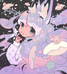 Rule 34 | 1girl, animal ear fluff, animal ears, artist request, cake, cat ears, food, from behind, hand up, heart, heart in eye, highres, long hair, long sleeves, looking at viewer, looking back, maiandkoh, night, night sky, original, purple hair, shirt, sky, star (sky), star (symbol), symbol in eye, tongue, tongue out, very long hair, vhs artifacts, white hair, white shirt