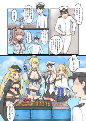 Rule 34 | 1boy, 5girls, :d, :q, ;d, absurdres, admiral (kancolle), azur lane, bikini, bikini top only, black eyes, black hair, blonde hair, blush, breasts, brown hair, cape, capelet, cleavage, cleveland (azur lane), cloud, comic, contrapposto, cooking, cowboy shot, crossover, drum (container), eating, elbow gloves, enterprise (azur lane), fingerless gloves, food, gloves, green eyes, grill, grilling, hat, headgear, highres, hornet (azur lane), iowa (kancolle), kantai collection, kebab, little boy admiral (kancolle), long hair, looking at another, meat, military, military uniform, miniskirt, multiple girls, necktie, neimu resu, off shoulder, one eye closed, one side up, open mouth, outdoors, peaked cap, pleated skirt, pointing, ponytail, purple eyes, red eyes, running, saratoga (kancolle), shishkebab, short shorts, shorts, silver hair, skirt, sky, smile, speech bubble, standing, sweat, swimsuit, tongs, tongue, tongue out, twintails, uniform, very long hair