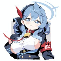 Rule 34 | 1girl, ako (blue archive), animal collar, bell, black hairband, black jacket, blue archive, blue eyes, blue hair, blue halo, blush, breasts, closed mouth, collar, hair between eyes, hairband, halo, highres, jacket, large breasts, long hair, long sleeves, looking at viewer, moru (monaka), neck bell, sideboob, solo, upper body